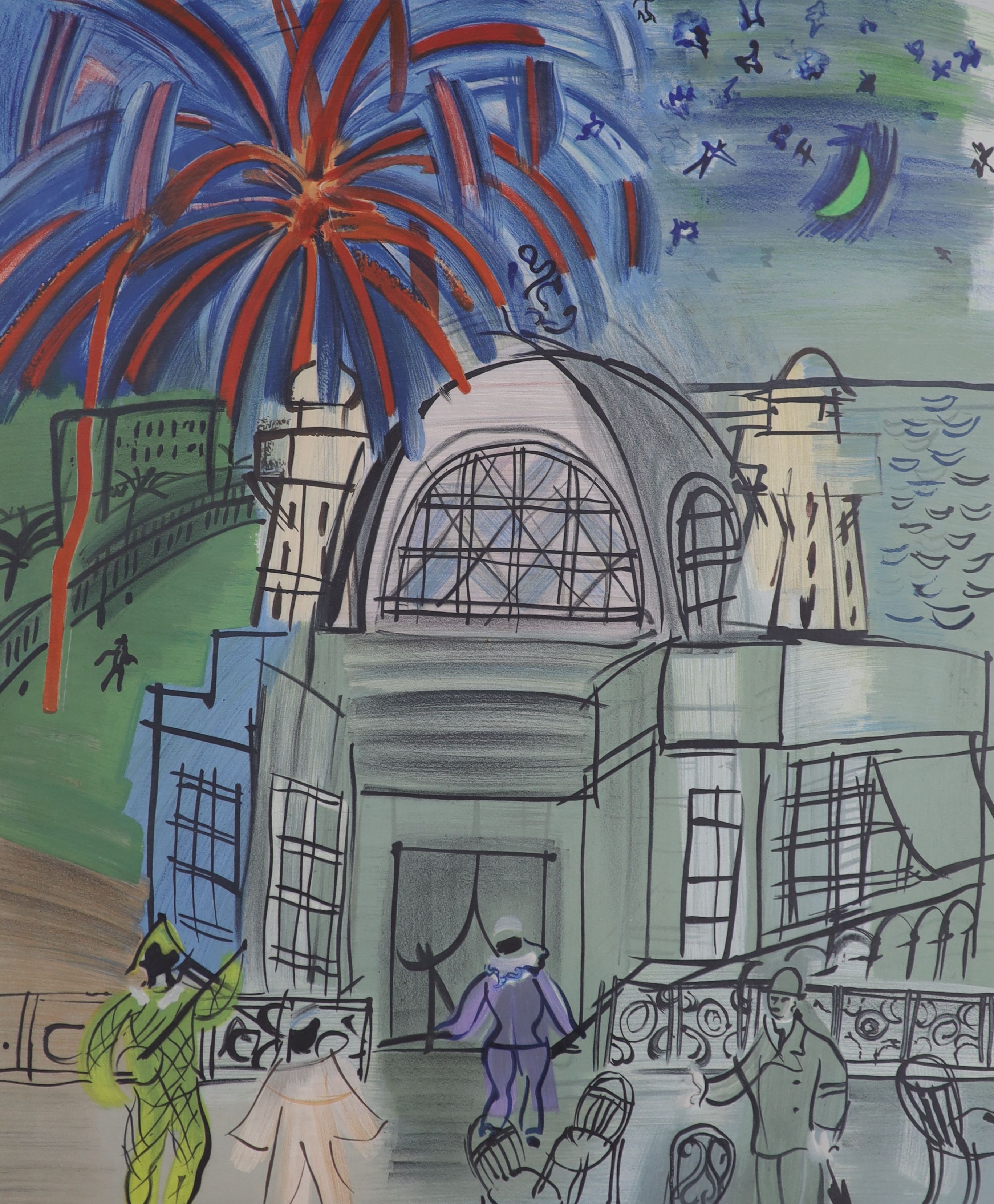 Raoul Dufy, lithograph, 'Feu d'artifice à Nice', 1964 Redfern Gallery label verso, 55 x 46cm